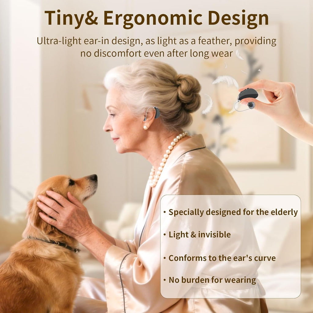 Rechargeable Clear Sound BTE Hearing Aids, Light and Invisible Design Hearing Amplifiers with 16-Channel Digital Chips Noise Cancellation and Volume Control-Black