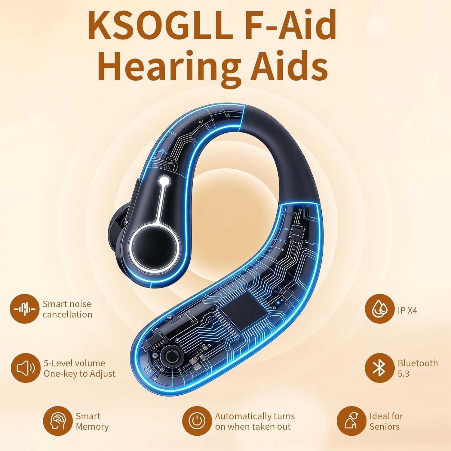 Clear Sound Hearing Aids for Seniors, Rechargeable Hearing Aid with APP and Bluetooth, 5 Levels of Volume Automatic Noise Cancellation（Beige）