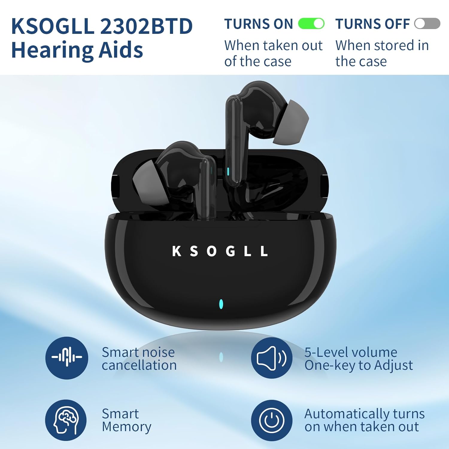 Audífonos de sonido claro para personas mayores, amplificadores auditivos de diseño ligero e invisible con cancelación de ruido e indicador, color negro