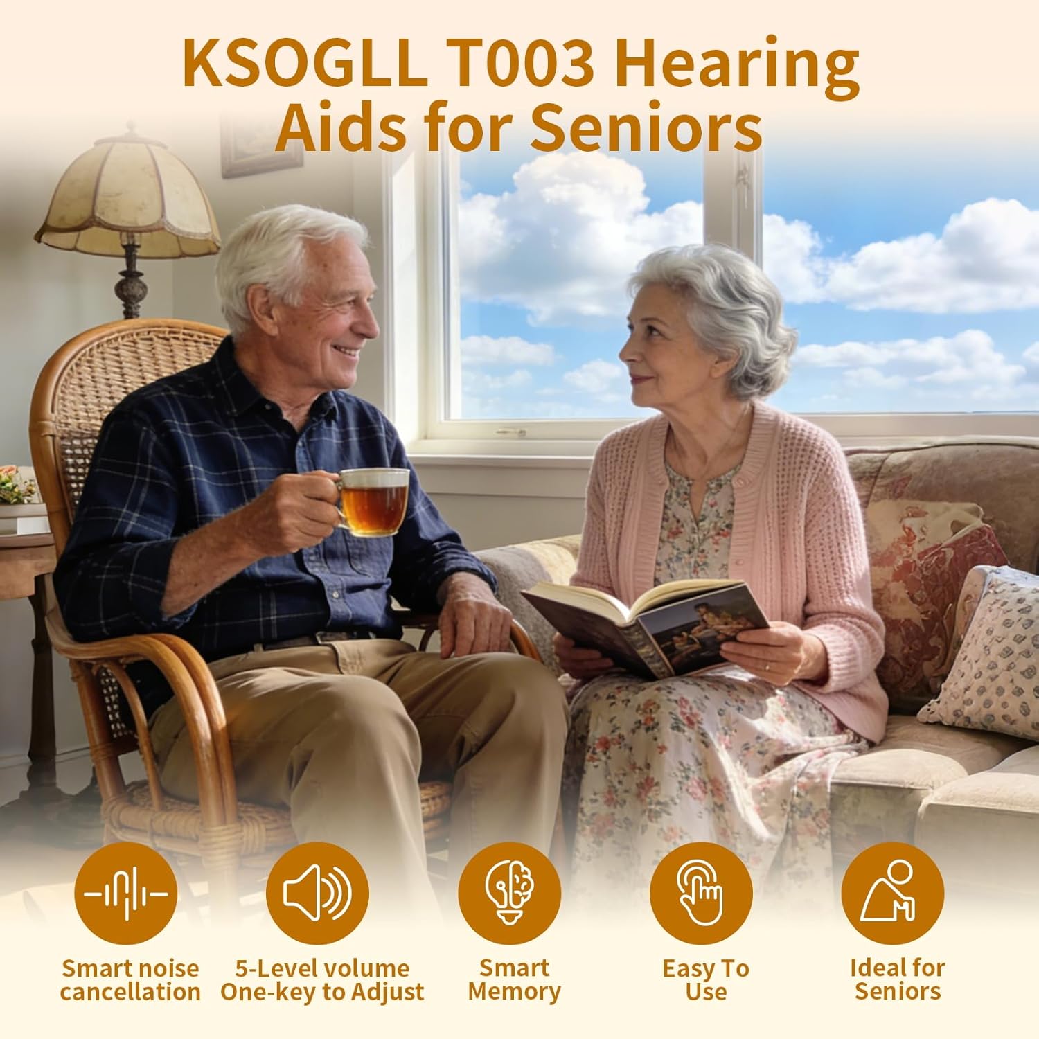 Amplificadores auditivos recargables: audífonos de sonido claro para personas mayores con 5 controles de volumen y cancelación de ruido, 4 tipos de modos (beige)
