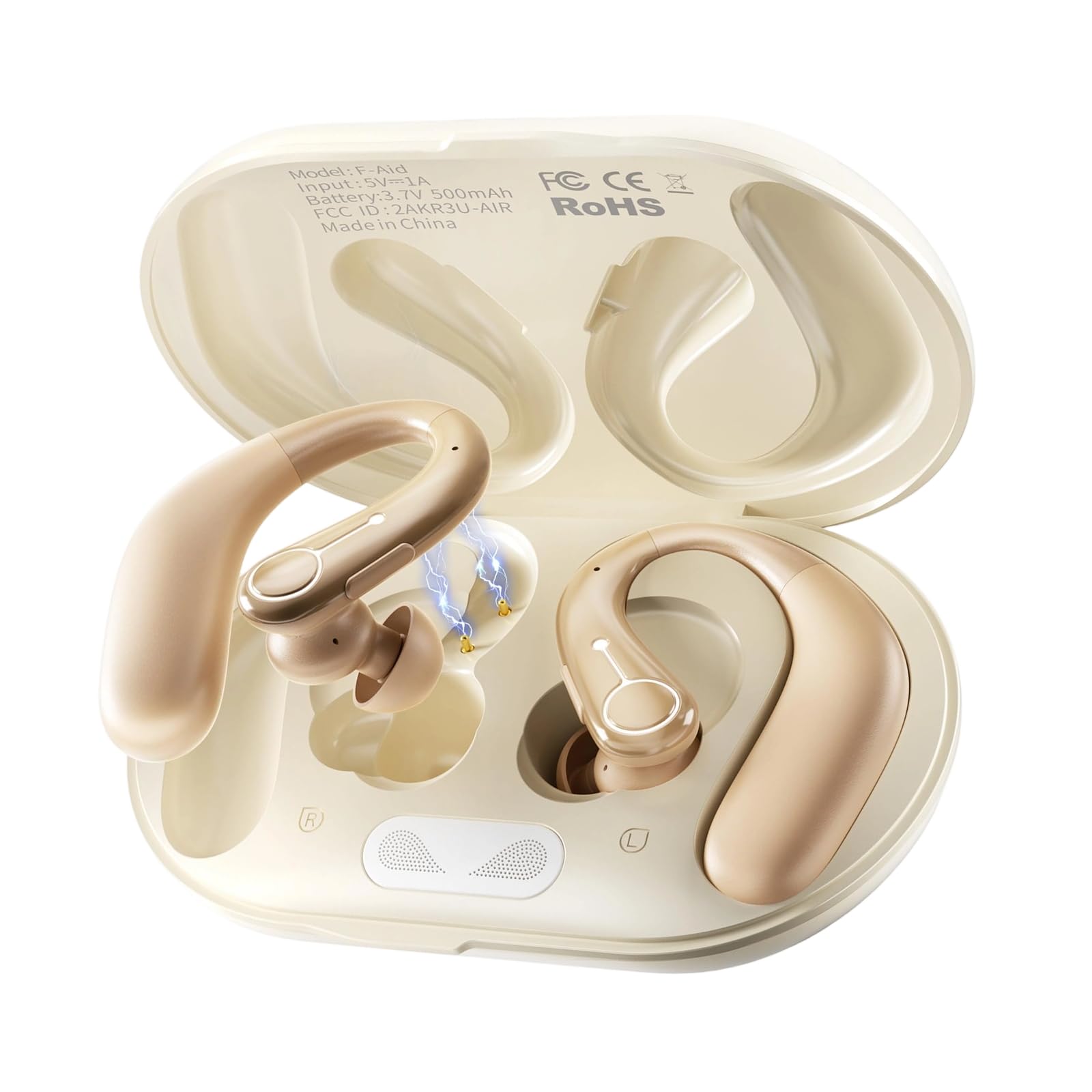 Audífonos para personas mayores, 5 niveles de volumen, amplificadores auditivos recargables con aplicación y Bluetooth, color beige