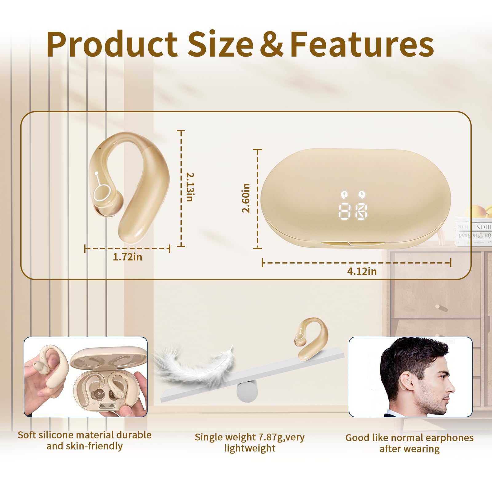 Audífonos para personas mayores, 5 niveles de volumen, amplificadores auditivos recargables con aplicación y Bluetooth, color beige