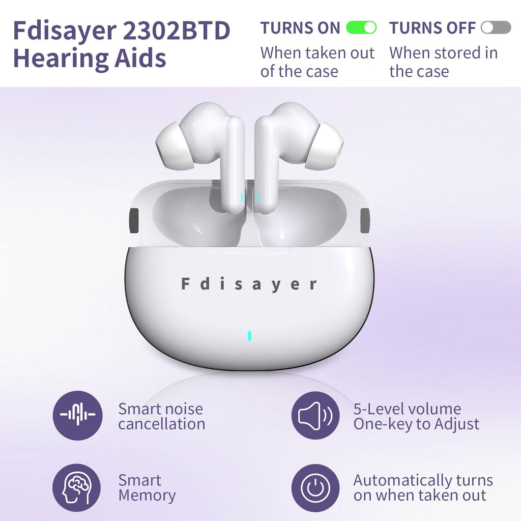 Audífonos de sonido claro para personas mayores, 5 niveles de volumen, amplificadores auditivos recargables con cancelación de ruido y luz indicadora, color blanco