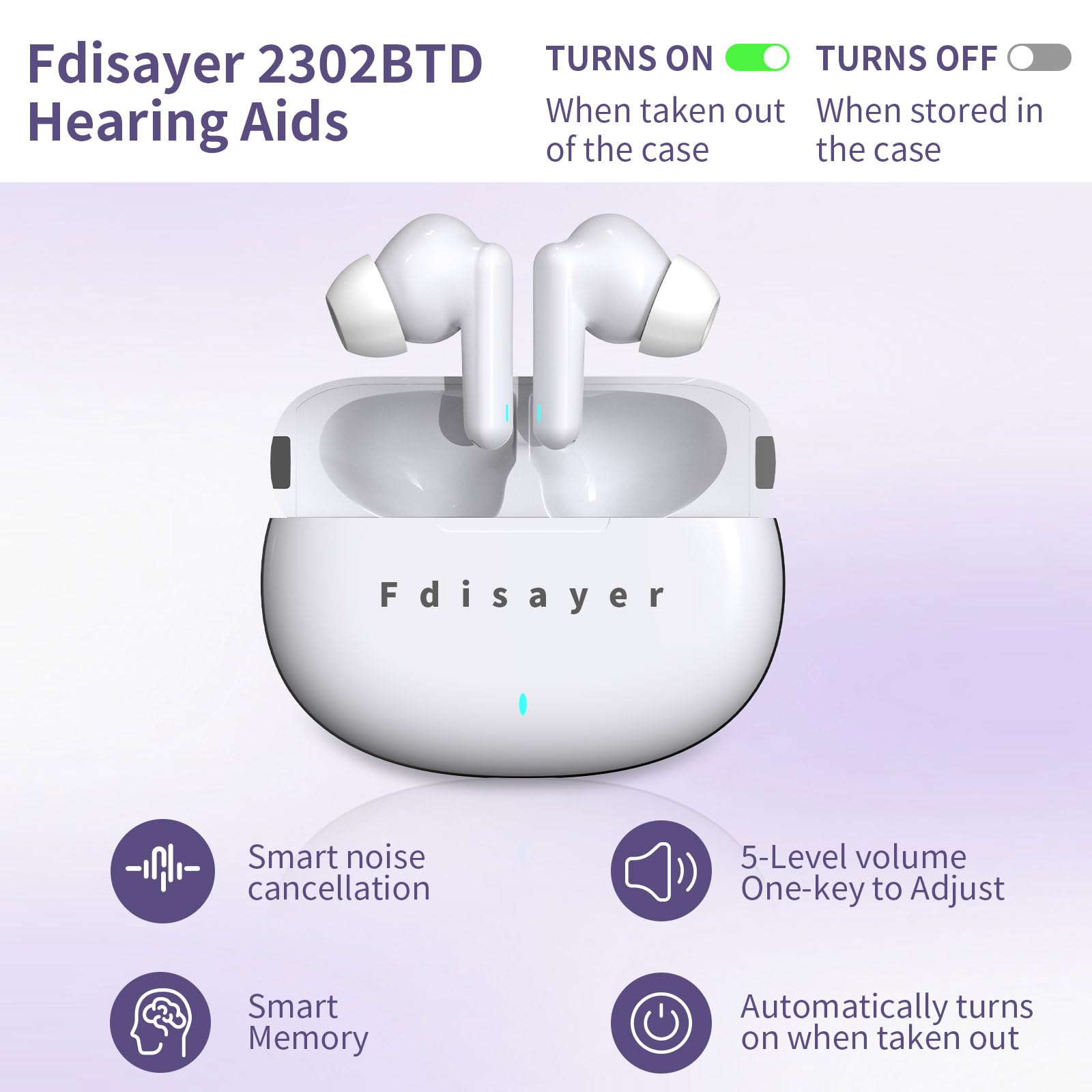 Audífonos de sonido claro para personas mayores, 5 niveles de volumen, amplificadores auditivos recargables con cancelación de ruido y luz indicadora, color blanco