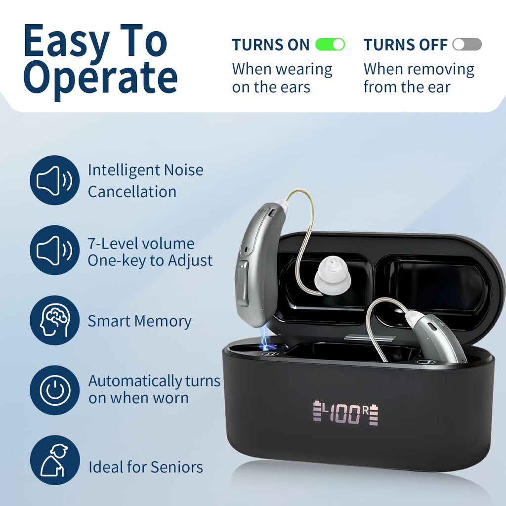 Rechargeable Hearing Aids, Clear Sound Hearing Amplifiers with 7-level Volume Adjust,Up to 14 Hours of Battery Life –Black