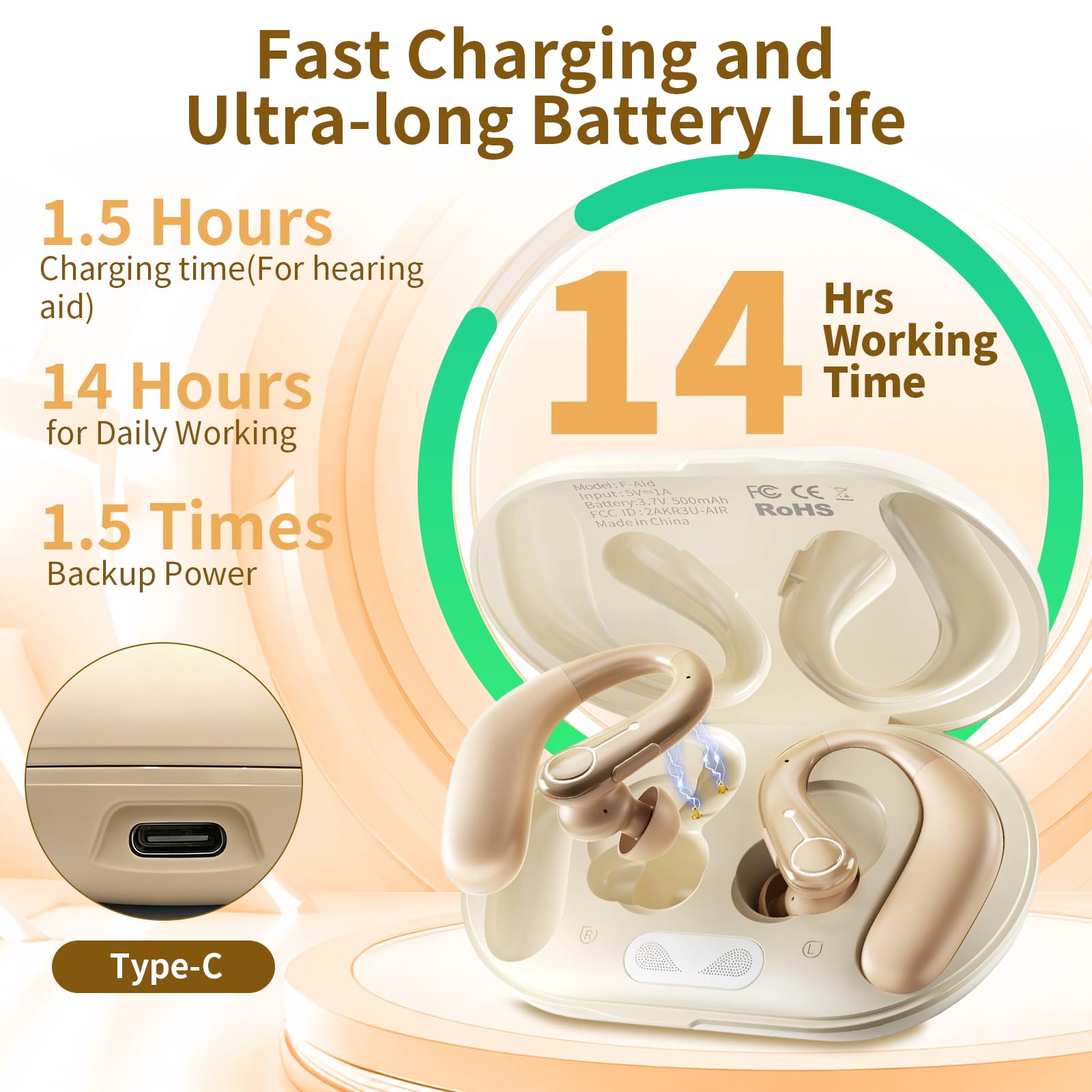 Audífonos para personas mayores, 5 niveles de volumen, amplificadores auditivos recargables con aplicación y Bluetooth, color beige