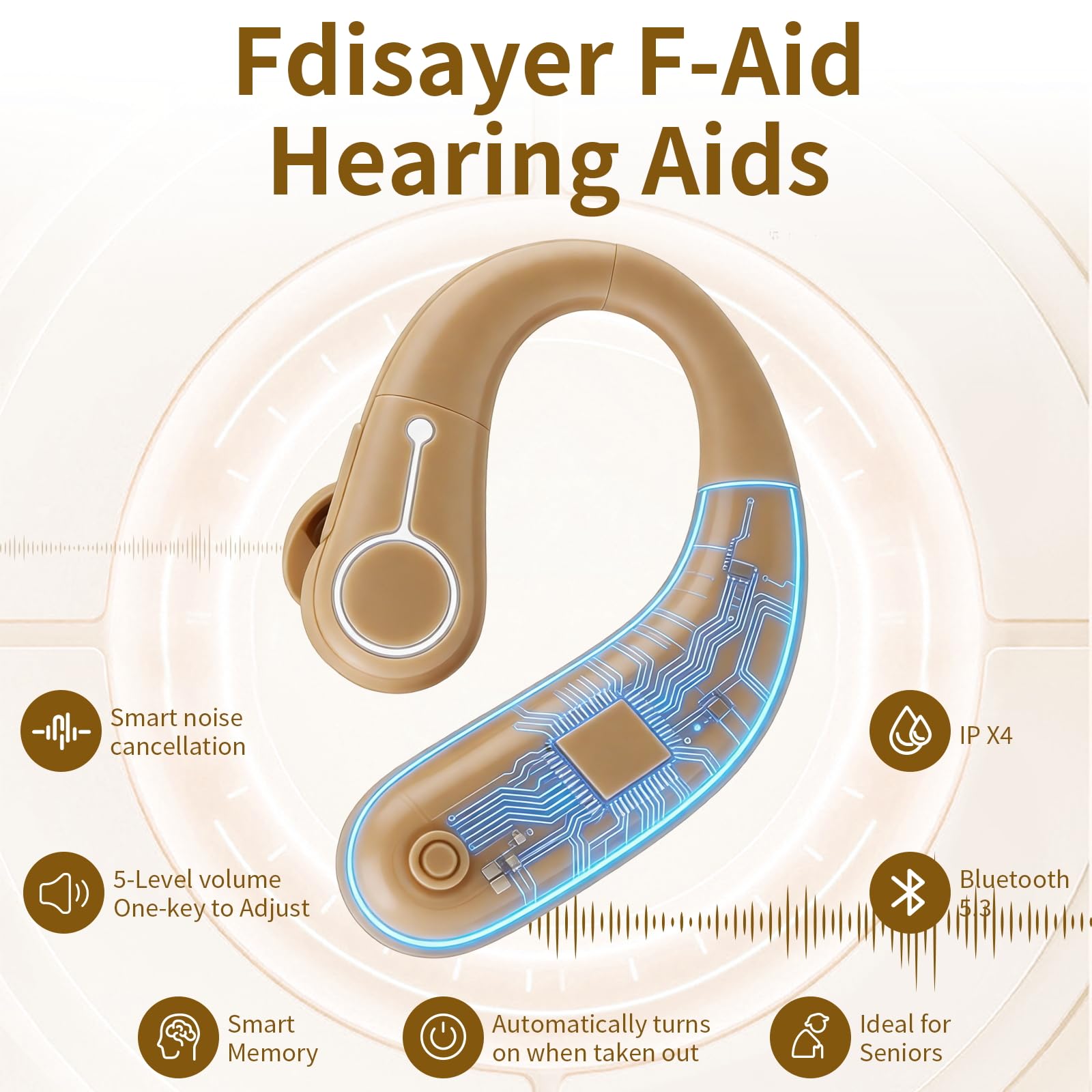 Audífonos para personas mayores, 5 niveles de volumen, amplificadores auditivos recargables con aplicación y Bluetooth, color beige